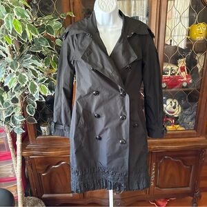 Burberry London Double Breasted Black Trench Rain Coat Jacket Ruffle Womens US 6